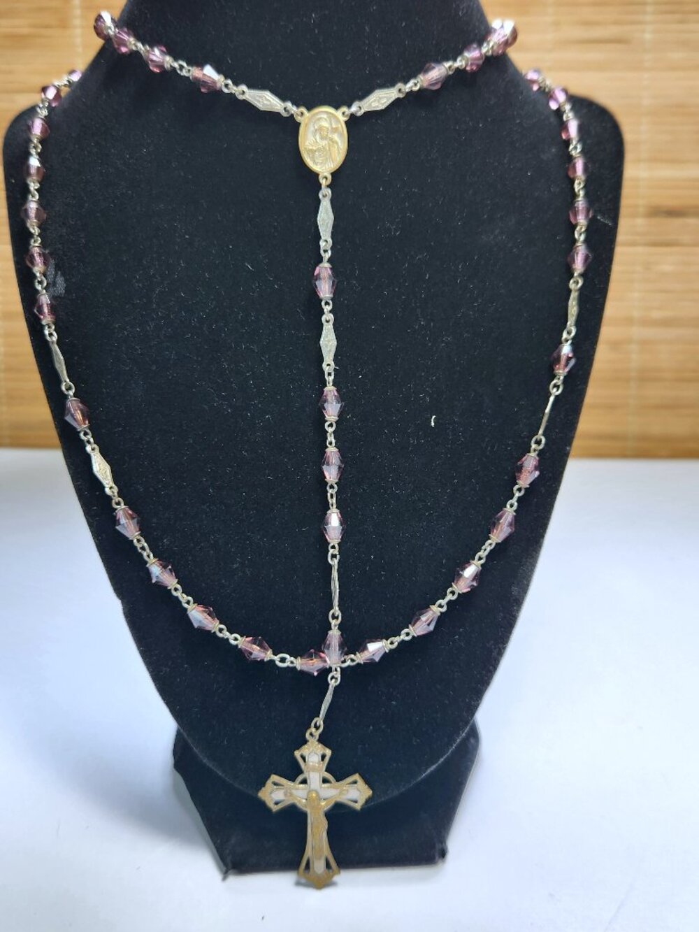 Vintage Purple Crystal Rosary Miraculous Medal Mary TwoTone Celtic Cross